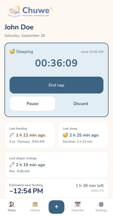 The Today screen in Chuwe: a nap timer running, with buttons to end the nap, pause or discard it, and below it the last feeding, the last sleep, the last diaper change and the estimated next feeding.